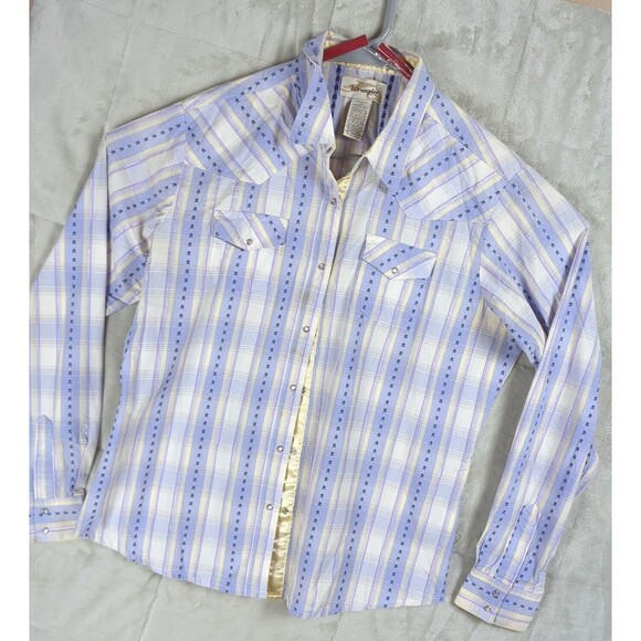Wrangler Western Shirt Women's Purple Plaid Pearl Snaps Long Sleeve Rodeo Large - Picture 5 of 13